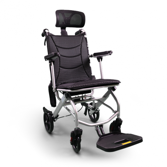 Lightweight aluminium wheelchair with movable back and headrest